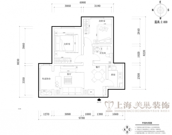 郑州蓝海港湾89平简欧风格2室2厅简欧风格装修案例效果图——平面布局图