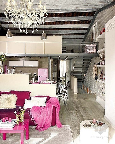 粉红色室内资料下载-粉红色引领下迷人华丽的巴塞罗那复古公寓设计