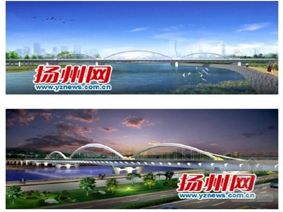 拱梁组合体系，与江扬大桥风格相近，但耸立于桥面中央的三片拱肋，像流动的波浪，似展翅的雄鹰，翱翔云间。