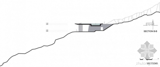 用一个屋顶无边水池 造出爱琴海上的“海市蜃楼”-侧面图；建在朝南的斜坡上是为了避开盛行风，天然的高地也可以最大程度降低挖掘对山地的影响