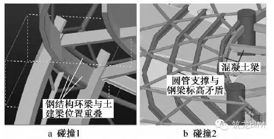 BIM在宁波·中国港口博物馆建筑图纸深化阶段的应用-图8 不同结构形式交界处水平构件相碰