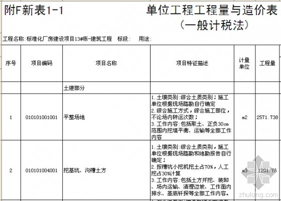 [湖南]标准化厂房建筑安装工程量清单招标控制价(招标文件，图纸)-单位工程工程量与造价表