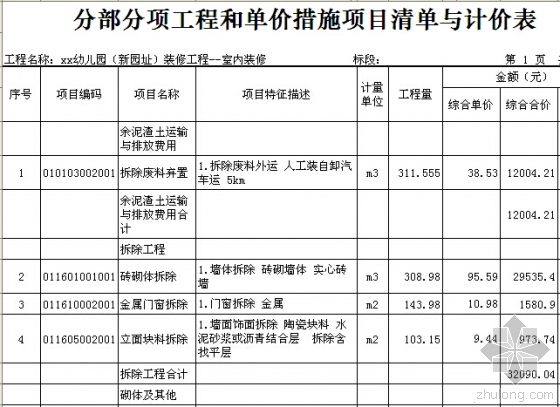 [广州]幼儿园室内外建筑装饰工程预算书(含施工图纸)-分部分项工程和单价措施项目清单与计价表