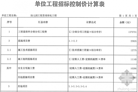 [浙江]幼儿园景观绿化工程预算书(造价咨询报告书，图纸)-单位工程招标控制价计算表