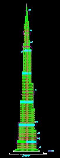 cad塔资料下载-世界第一高楼迪拜塔CAD立面图