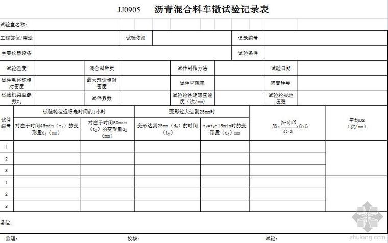 沥青试验资料资料下载-[小工具]JJ0905   沥青混合料车辙试验记录表