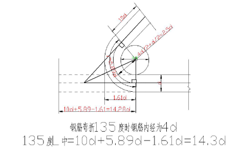 2,135度弯钩的计算(下图)   钢筋的直径为d,弯曲直径为d=4d,轴线直径