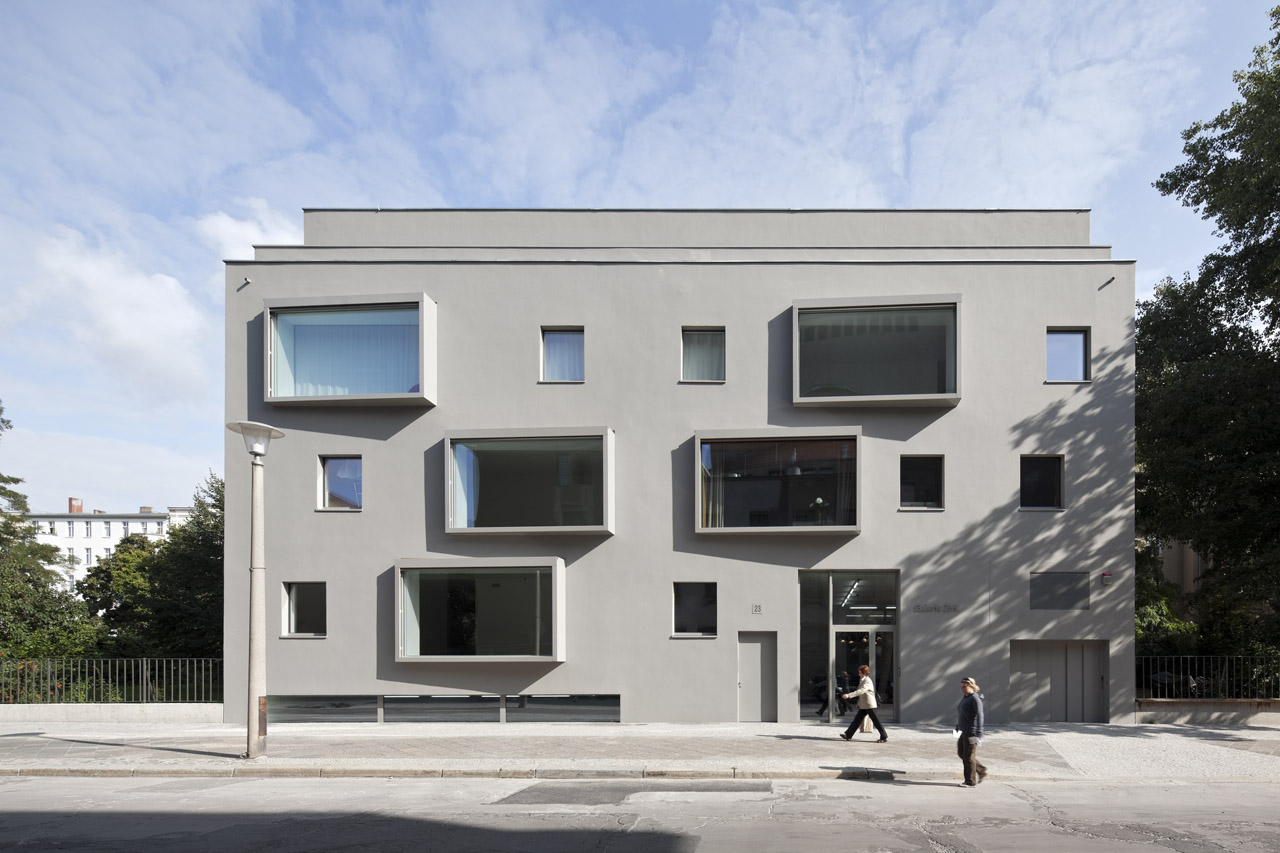 the facade is entirely executed in a single color, with sublet