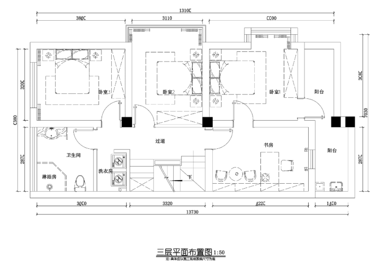 [江苏]欧式风格弘景雅墅室内设计施工图-三层平面布置图