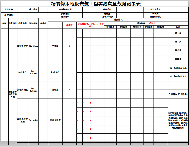 工程部实测实量专用模板-精装修木地板安装工程实测实量数据记录表 2