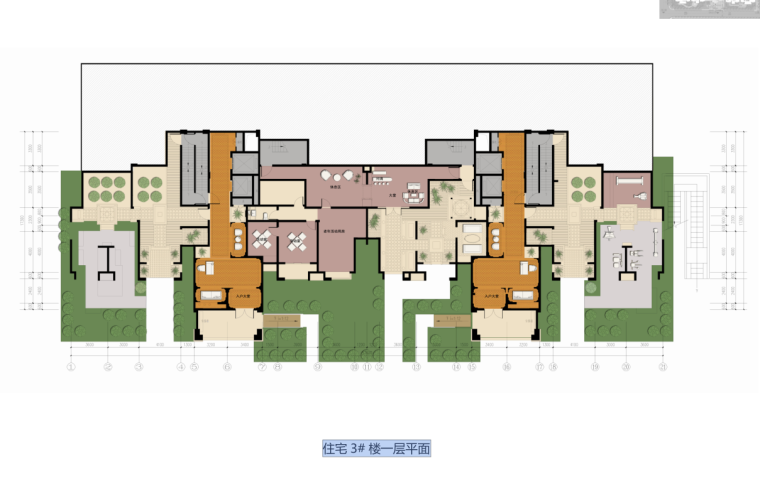 [安徽]某绿地中心项目建筑方案设计文（文本+70页）-住宅 3# 楼一层平面