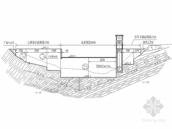 [云南]电站工程初步设计施工图(取水坝 隧洞 电气系统)-取水坝坝轴线纵剖面施工图 