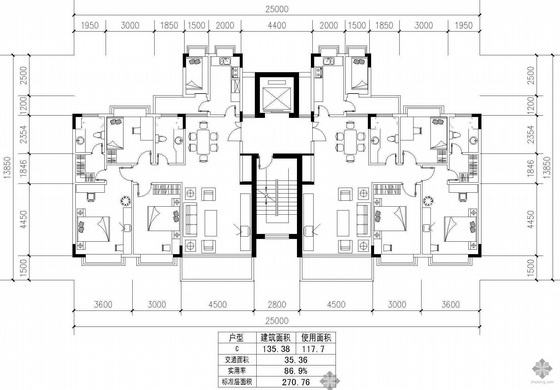 135一梯两户户型图资料下载-板式高层一梯两户户型图(135/135)