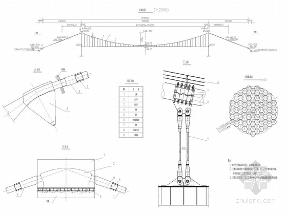 [重庆]27.5m宽跨长江单跨788m加劲梁悬索桥施工图678张CAD（含锚碇 引桥）-缆索系统总体布置图