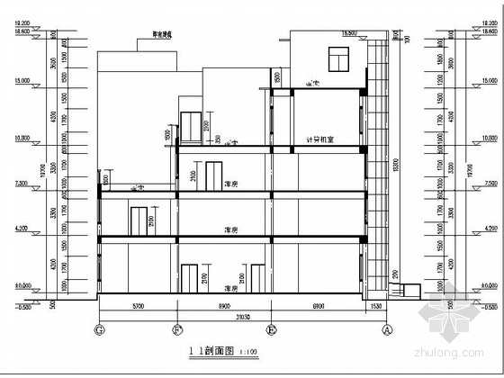 [浙江]4层市级城建档案馆库房建筑施工图-4层市级城建档案馆库房建筑剖面图 