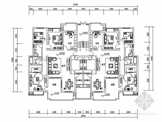 300平方店平面图资料下载-多层板式住宅户型平面图（143平方米）