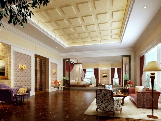 [缅甸]原创私人豪宅三层别墅室内装修施工图（含效果）-主卧室效果图