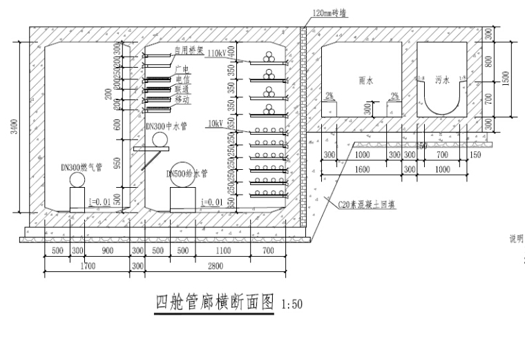 2016年设计市政地下综合管廊工程设计图纸741张PDF（结构，排水通风电气监控）-四舱管廊断面图