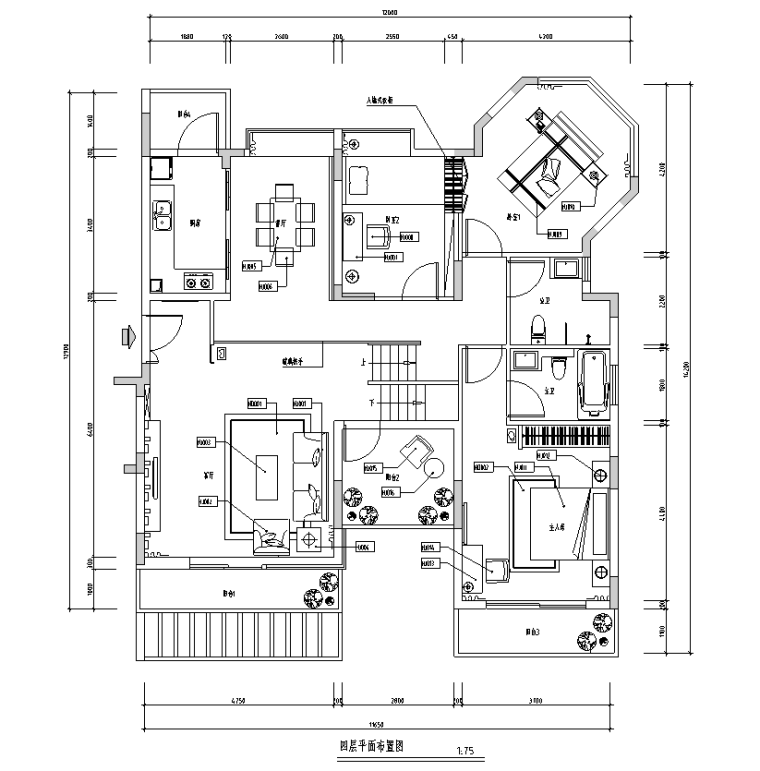 [广东]某黑白色调住宅装修施工图及效果图-四层平面布置图