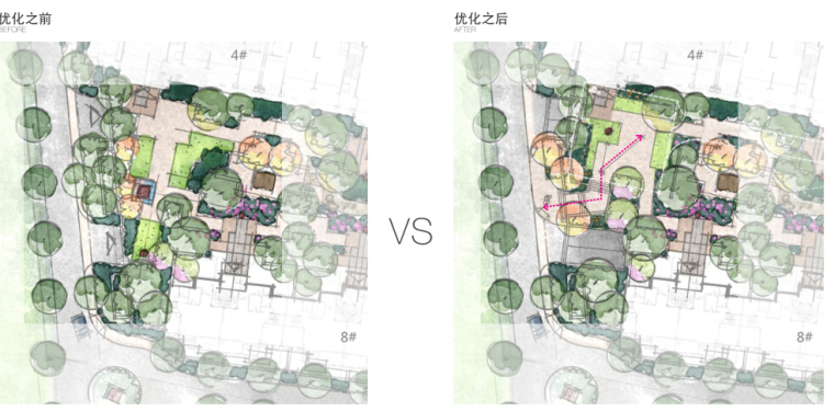 [广东]东莞高端居住区景观设计方案（新古典+意式）-新古典居住区景观设计——西侧次级人行出入口优化前后对比