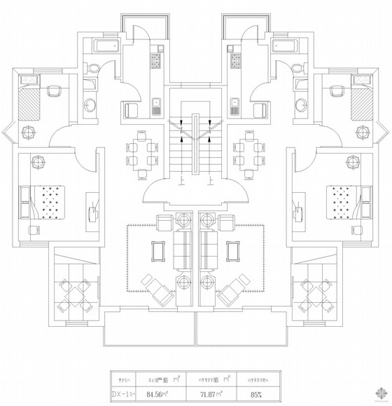 一梯三户小户型图资料下载-板式多层一梯二户户型图(85/85)