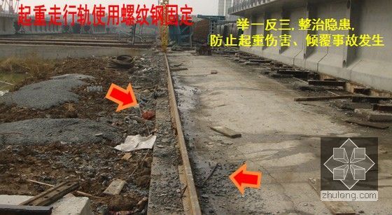 路桥知名集团工程项目安全管理应做工作专题讲座230页PPT-起重走行轨使用螺纹钢固定