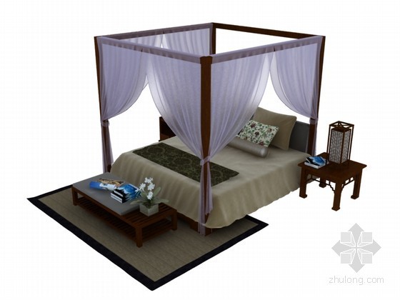 中式床3d模型下载资料下载-温馨中式床3D模型下载