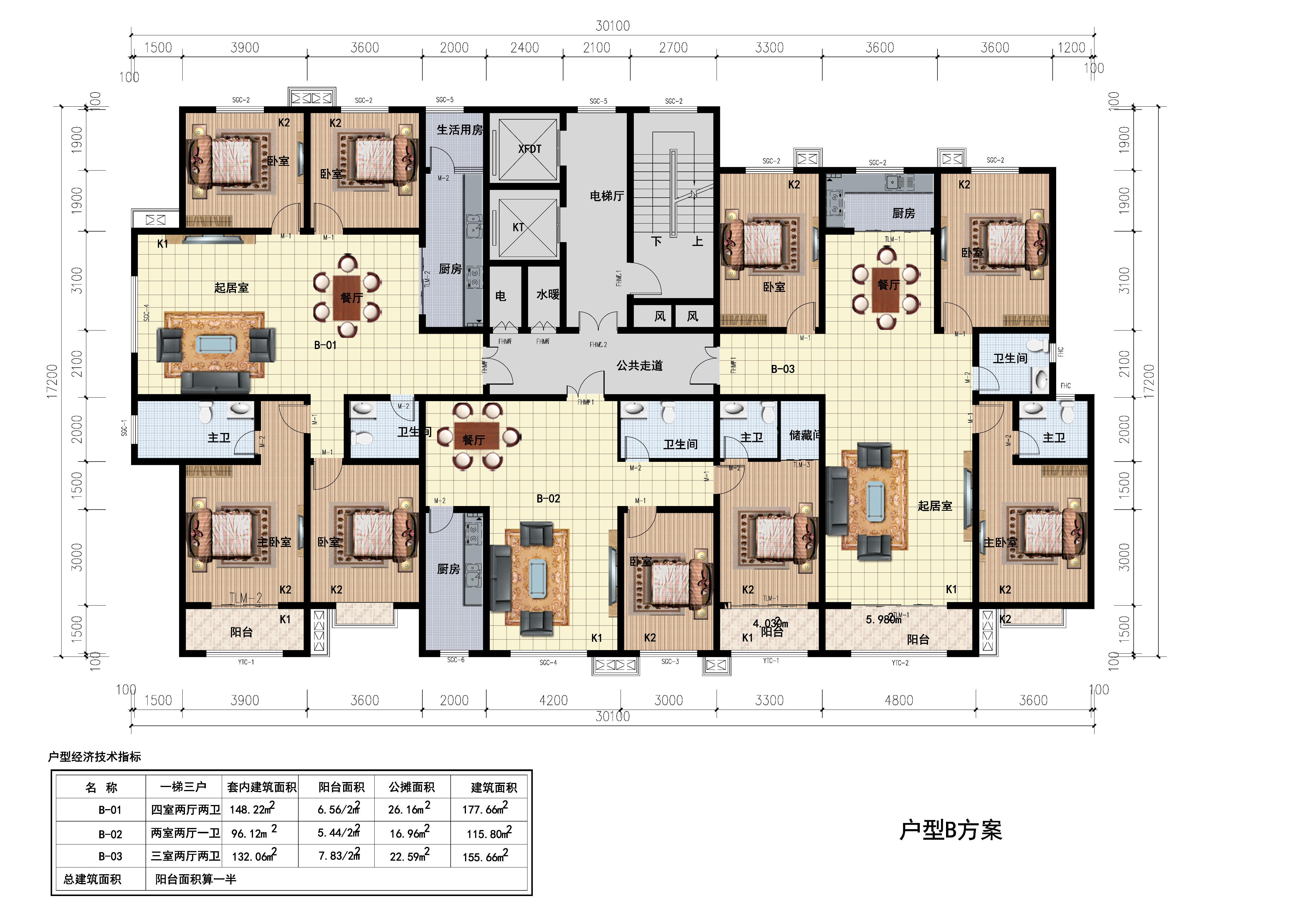 新古典风格一梯三户住宅户型设计图免费下载 - 建筑户型平面图 - 土木工程网