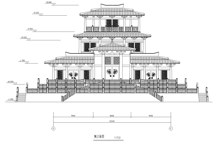 汉代某王阁建筑方案图-侧立面图