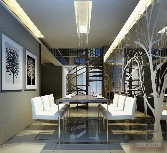 现代风格复式样板房CAD设计装修图（含效果）餐厅效果图