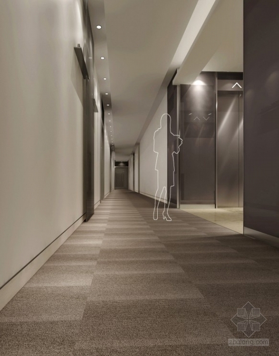 [广州]CBD区甲级现代写字楼大堂级电梯厅装修施工图（含效果）走廊效果图