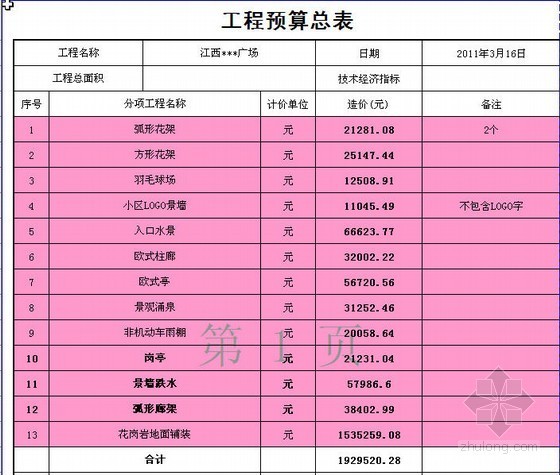 欧式弧形墙资料下载-2011年江西某广场景观工程预算（全）