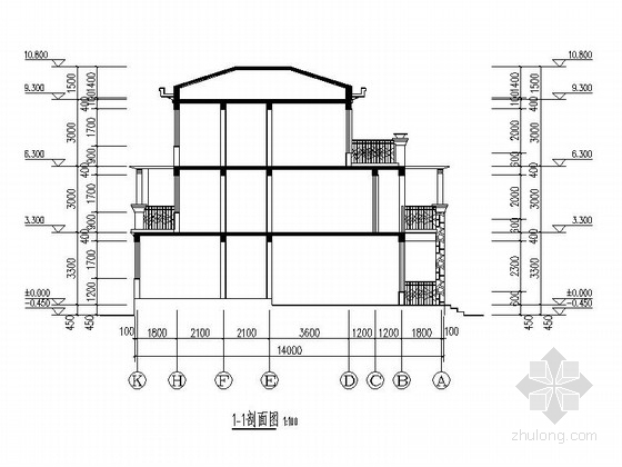 [青岛]小型多层砖瓦屋面式商业办公楼房建筑施工图-小型多层砖瓦屋面式商业办公楼房建筑剖面图 