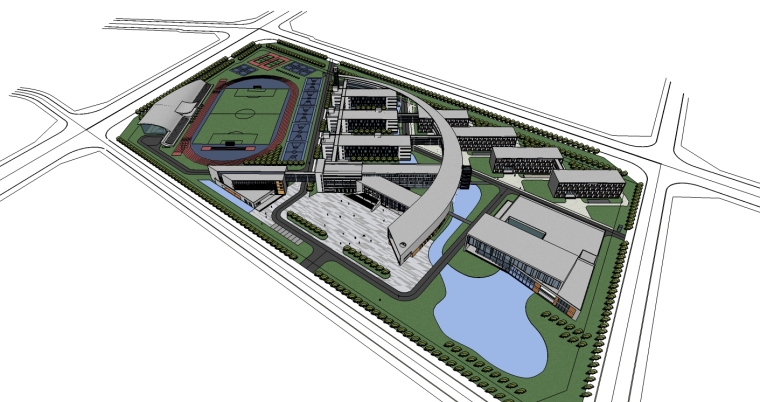 现代风格中学建筑设计模型SU精模型-东南俯视图