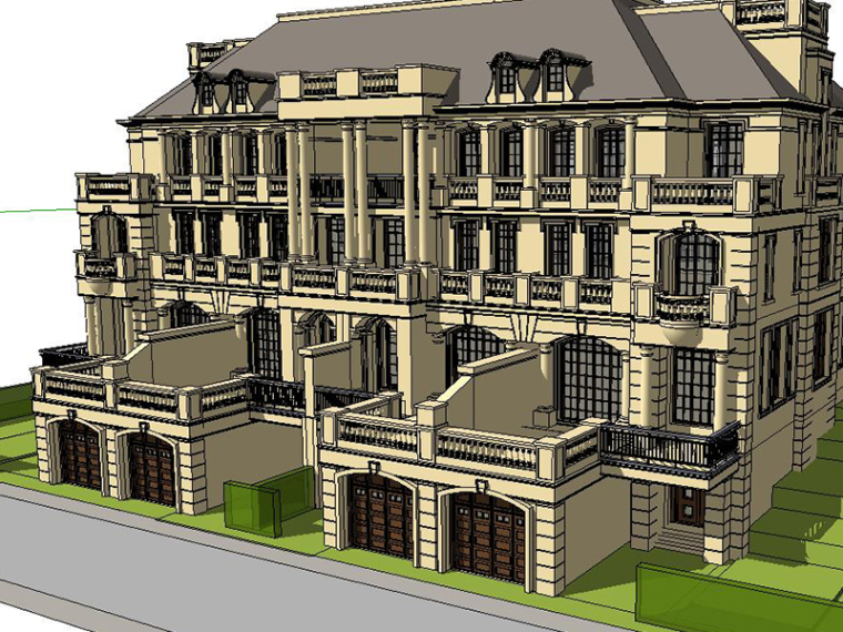 su模型古典长廊资料下载-法式古典府邸联排建筑SU模型