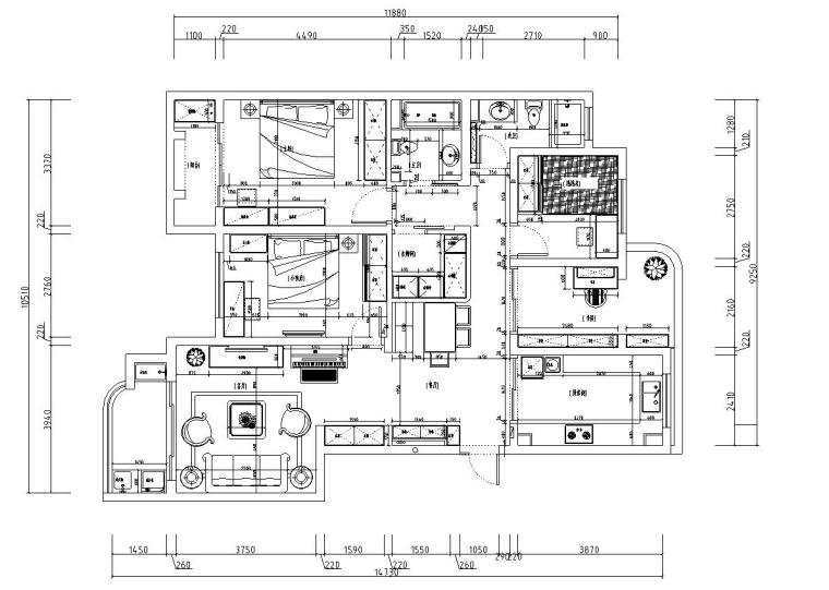田园风格地面效果图资料下载-四室两厅室内施工图设计(现代田园风格)