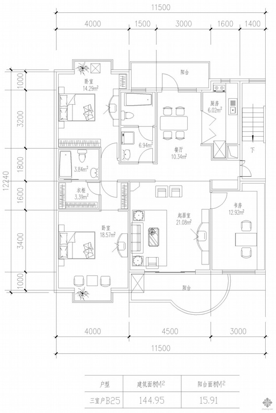三室两卫一厅装修资料下载-板式多层一梯两户三室一厅二卫户型图(145/145)