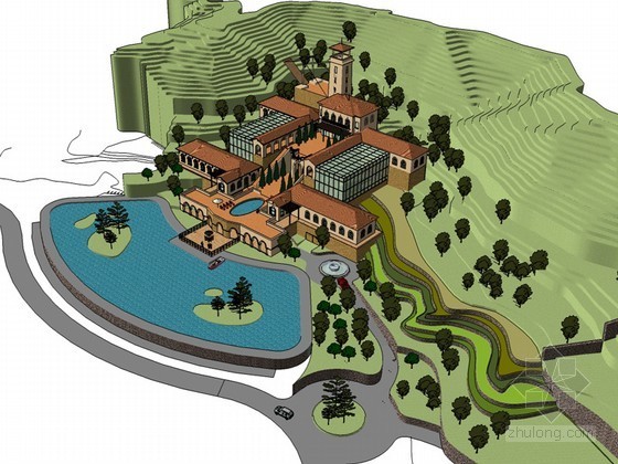 西藏旅馆模型资料下载-西班牙风格旅馆SketchUp模型下载