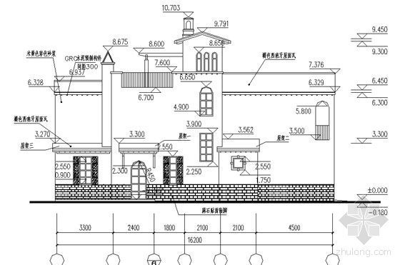 西班牙风格别墅建筑施工图-背立面图