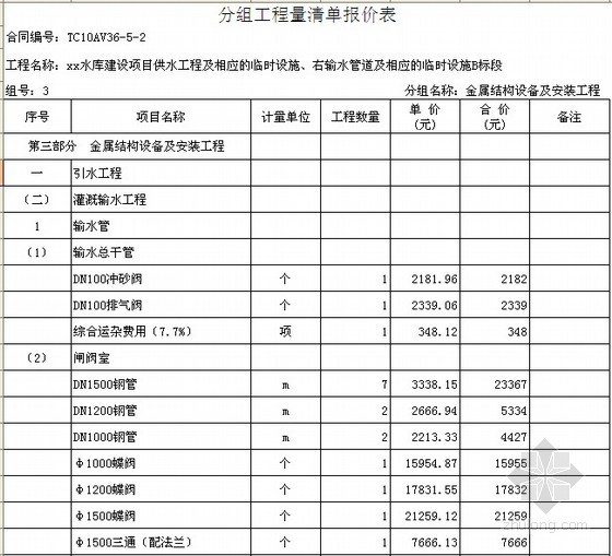 风电基础工程量资料下载-[贵州]水库建设项目供水引水（含临设）工程量清单计价实例（全套报表）