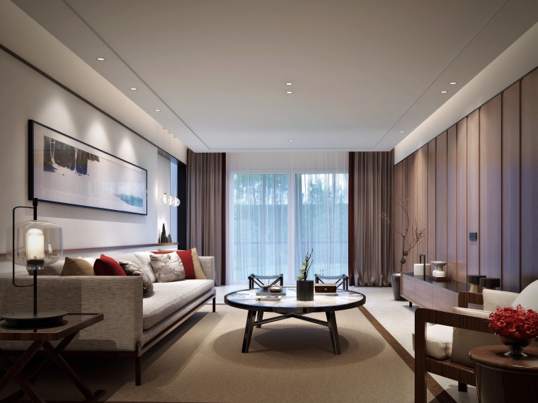 新中式家居室内风格资料下载-新中式风格样板间客厅设计3D模型（附效果图）