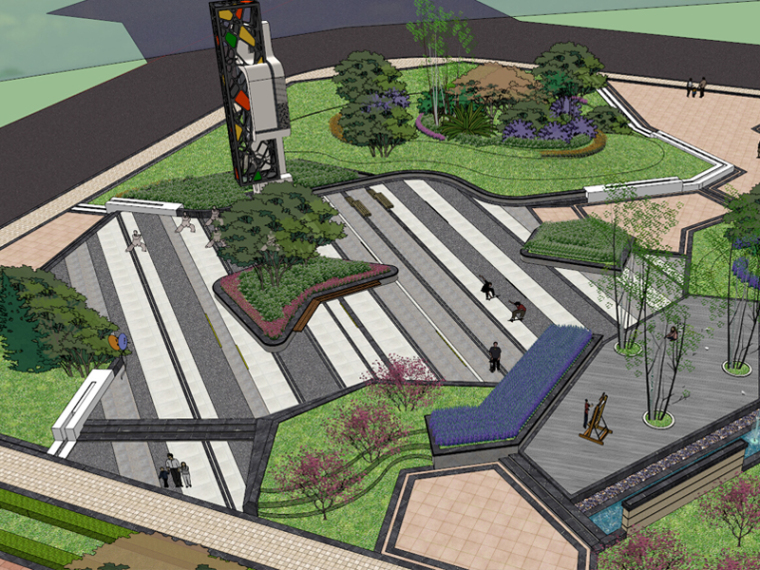 城市机场路景观资料下载-现代城市街角_公园景观设计SU模型