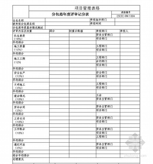 分包商年度评审记分表