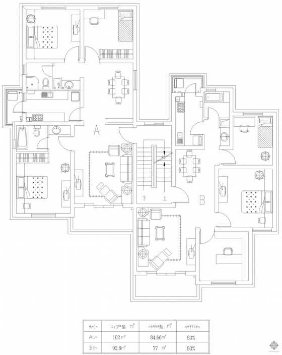 85平米住宅户型图资料下载-板式多层一梯二户户型图(85/77)