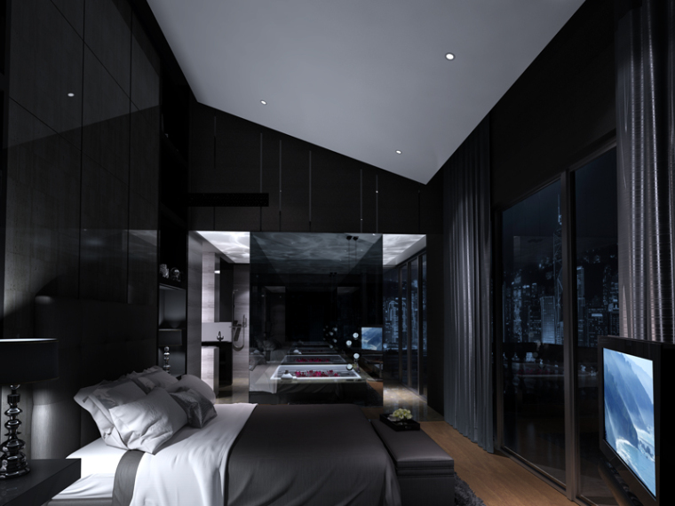 3d现代轻奢卧室模型资料下载-深色现代卧室3D模型下载