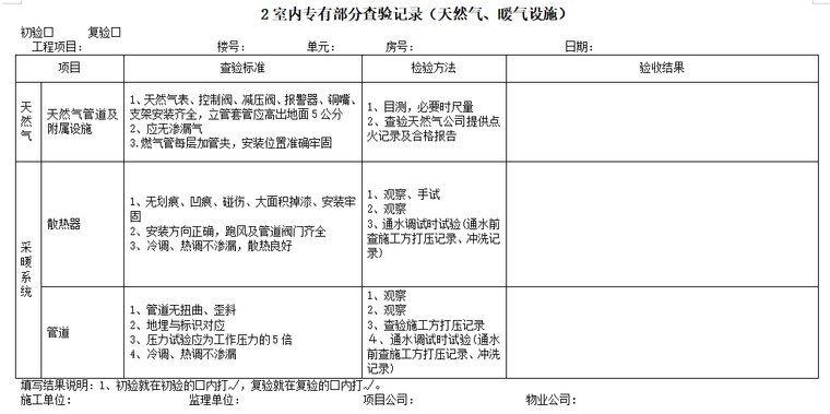 房建市政工程物业承接查验标准(附全套表格)-室内专有部分查验记录（天然气、暖气设施）