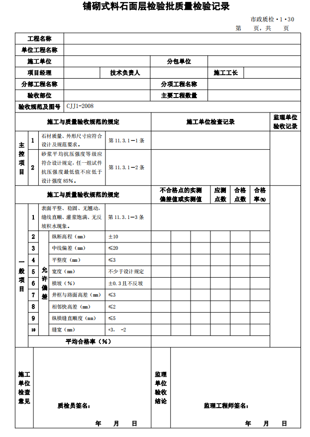 市政道路工程检验批质量检验记录表格全套-铺砌式预制混凝土砌块面层检验批质量检验