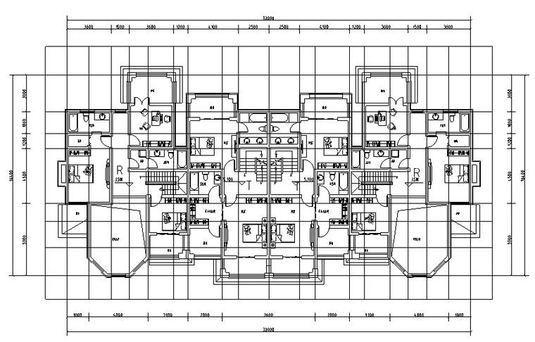 26套现代双拼自建房设计施工图-联排组合二层平面图