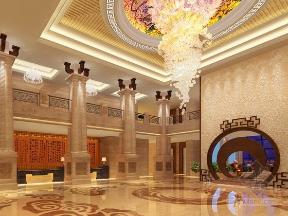 中式酒店大厅免费3D资料下载-中式风格酒店大堂3d模型下载