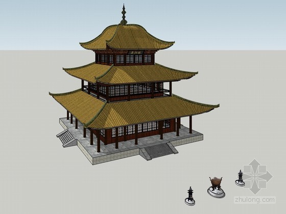 栏杆sketchup模型资料下载-古楼建筑SketchUp模型下载
